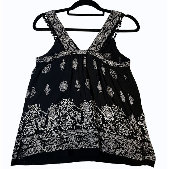 Loft Black, White Printed Sleeveless Pom Pom Trim Swing Tank Top V Neck Boho XSP - Picture 5 of 12